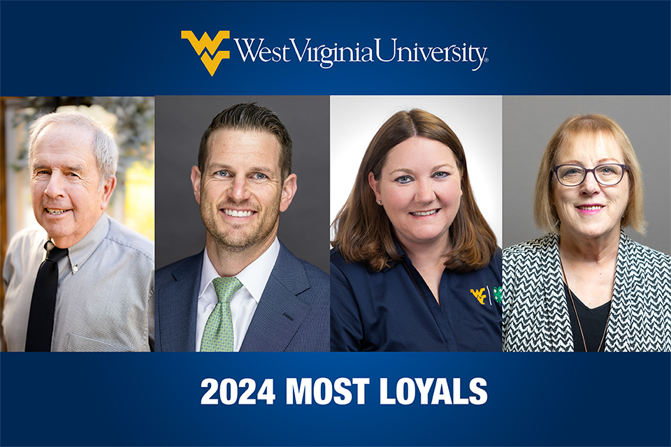 The 2024 honorees are (L-R): Steve Conrad, Most Loyal West Virginian; Scott Branham, Most Loyal Alumni Mountaineer; Rebecca Fint-Clark, Most Loyal Faculty/Professional Staff; and Donna Staggs, Most Loyal Staff Mountaineer. 